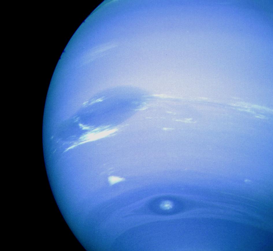 This photograph of Neptune, reconstructed from two images taken by NASA's Voyager 2. 